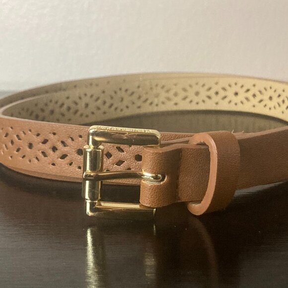 Steve Madden Women's Tan Faux Leather Belt - Gold Hardware - 41" Long - Picture 1 of 5